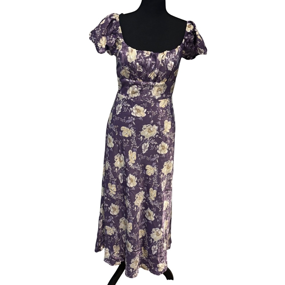 Francesca Purple Floral Silky Midi Dress Ruched Milkmaid Bust Sz M Coquette Boho